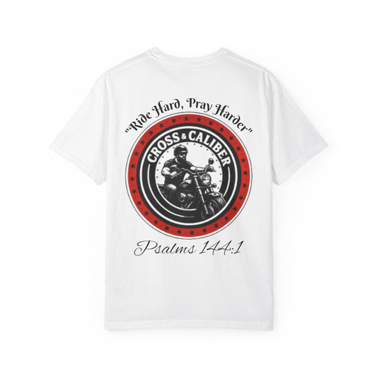 Motorcycle Enthusiast T-Shirt - Cross & Caliber Design with Inspirational Quote