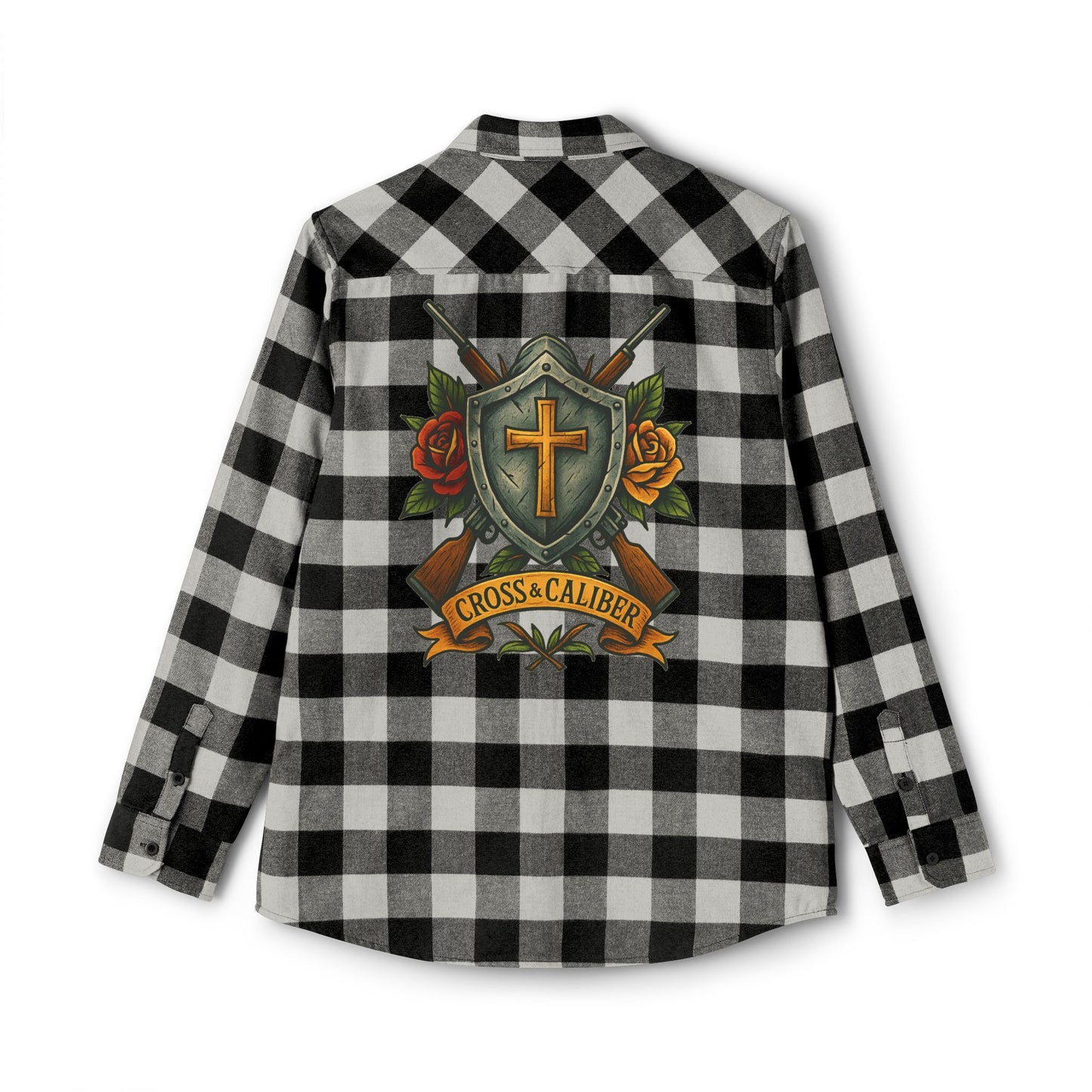 Unisex Flannel Shirt with Cross & Caliber Design - Casual Comfort for Adventurers
