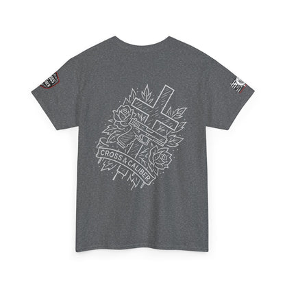 Bold Graphic Unisex Tee with Cross & Caliber Design, Casual Streetwear, Gift for Him or Her, Vintage Inspired T-Shirt,
