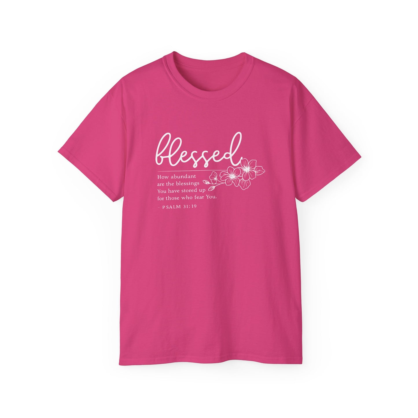 Blessed Floral Tee – "Blessed" Psalm 1:1 Scripture Shirt