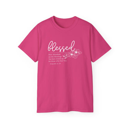 Blessed Floral Tee – "Blessed" Psalm 1:1 Scripture Shirt