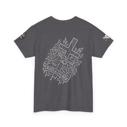 Bold Graphic Unisex Tee with Cross & Caliber Design, Casual Streetwear, Gift for Him or Her, Vintage Inspired T-Shirt,