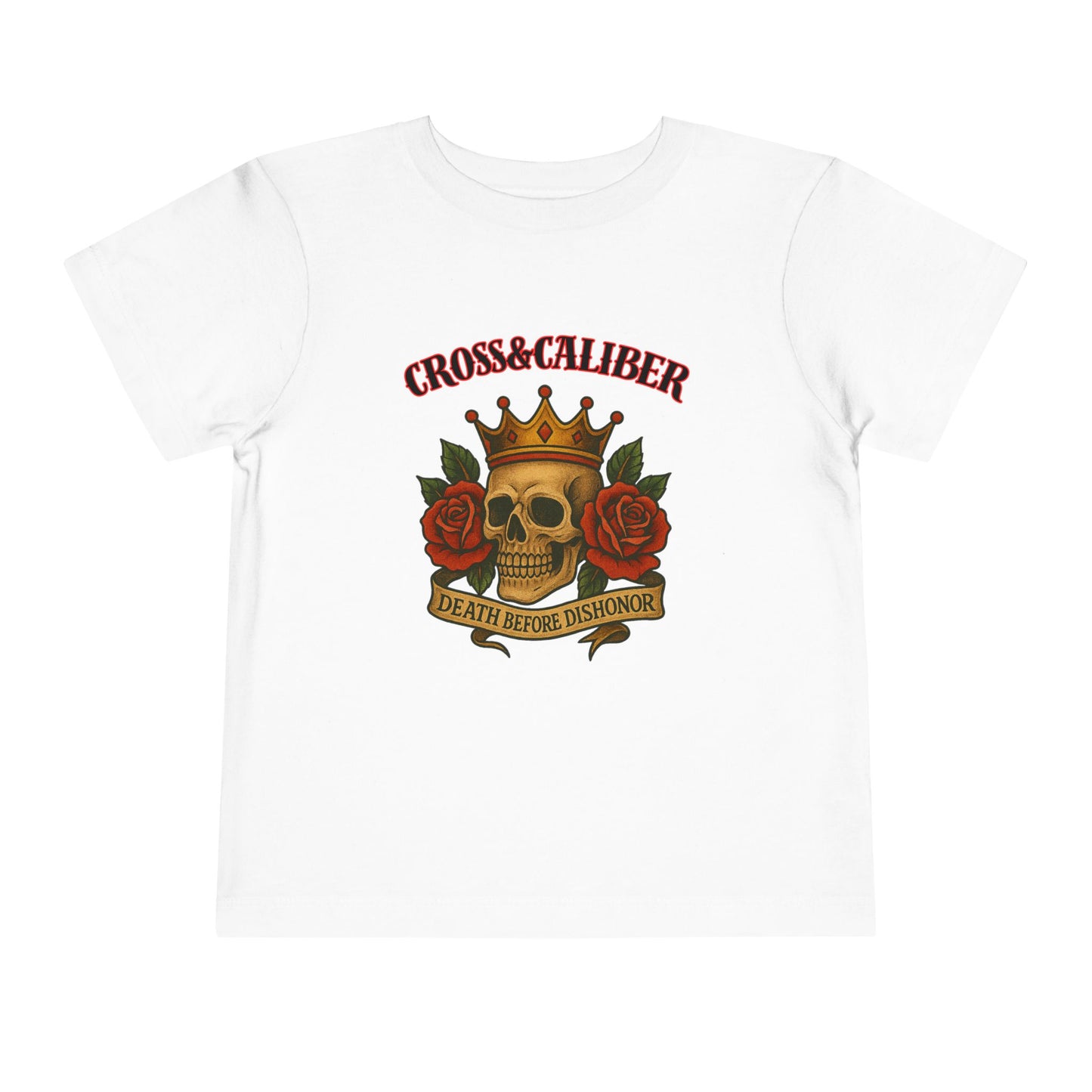 Cool Toddler T-Shirt: Cross & Caliber, Death Before Dishonor, Skull and Roses, Trendy Kids Tee, Unique Gift for Boys & Girls