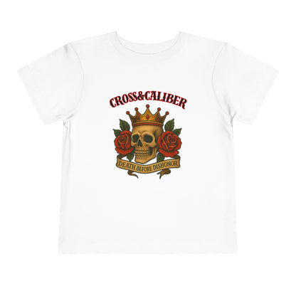 Cool Toddler T-Shirt: Cross & Caliber, Death Before Dishonor, Skull and Roses, Trendy Kids Tee, Unique Gift for Boys & Girls
