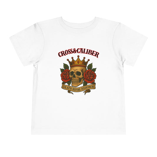 Cool Toddler T-Shirt: Cross & Caliber, Death Before Dishonor, Skull and Roses, Trendy Kids Tee, Unique Gift for Boys & Girls