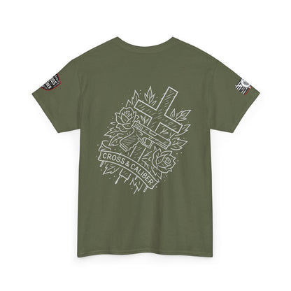Bold Graphic Unisex Tee with Cross & Caliber Design, Casual Streetwear, Gift for Him or Her, Vintage Inspired T-Shirt,