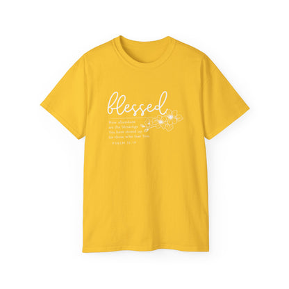 Blessed Floral Tee – "Blessed" Psalm 1:1 Scripture Shirt