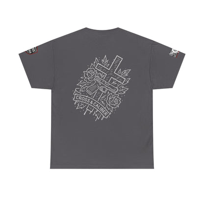Bold Graphic Unisex Tee with Cross & Caliber Design, Casual Streetwear, Gift for Him or Her, Vintage Inspired T-Shirt,