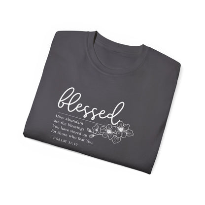 Blessed Floral Tee – "Blessed" Psalm 1:1 Scripture Shirt