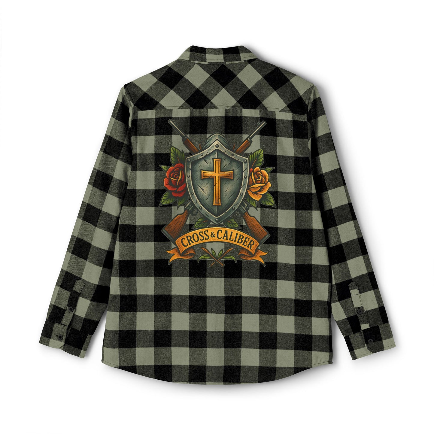 Unisex Flannel Shirt with Cross & Caliber Design - Casual Comfort for Adventurers