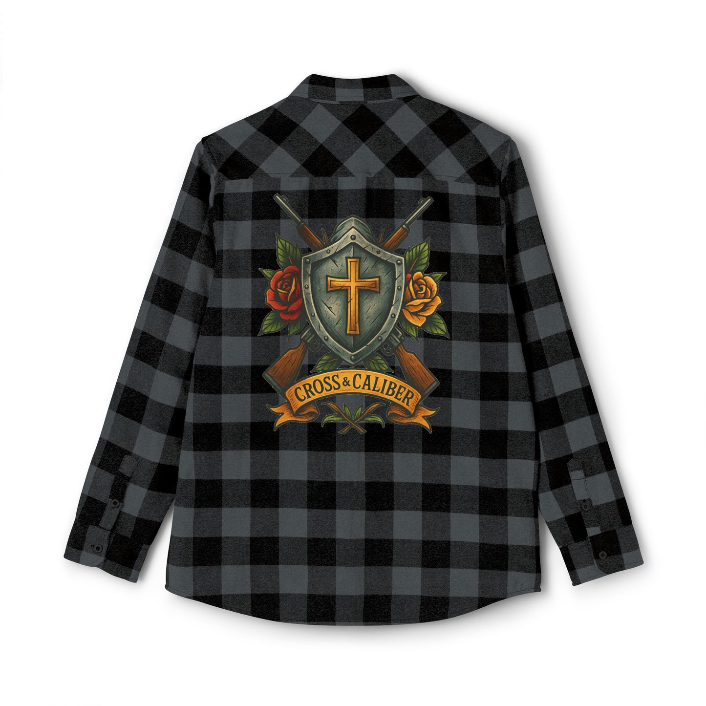 Unisex Flannel Shirt with Cross & Caliber Design - Casual Comfort for Adventurers