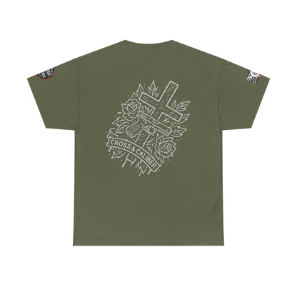 Bold Graphic Unisex Tee with Cross & Caliber Design, Casual Streetwear, Gift for Him or Her, Vintage Inspired T-Shirt,