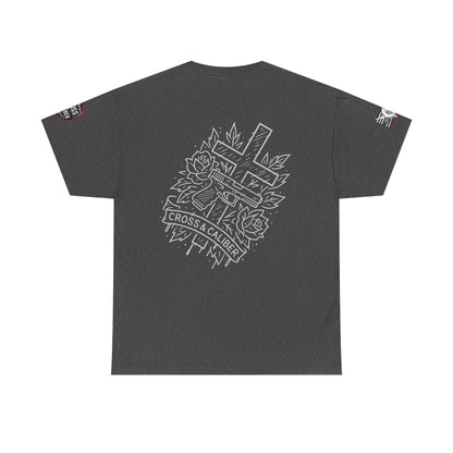Bold Graphic Unisex Tee with Cross & Caliber Design, Casual Streetwear, Gift for Him or Her, Vintage Inspired T-Shirt,