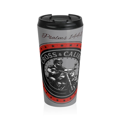 Inspirational Stainless Steel Travel Mug - Psalms 144:1 Biker Design