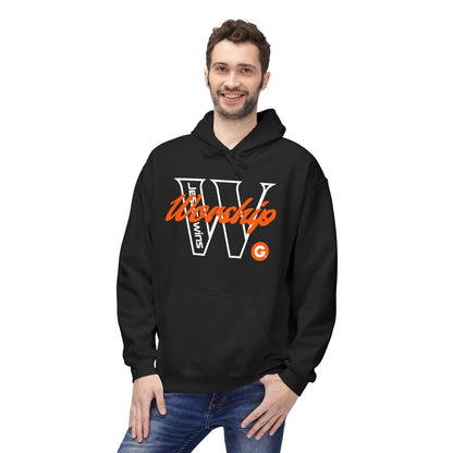 Worship V Graphic Hoodie - Orange Script Church Apparel