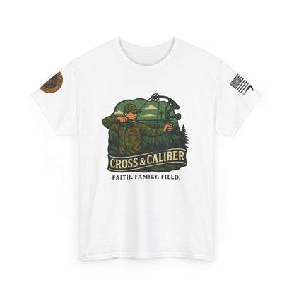 Faith Family Field Unisex Heavy Cotton Tee, Hunting Shirt, Outdoor Lover Gift, Men's Tee, Casual Wear, Patriotic Apparel, Adventure Outfit