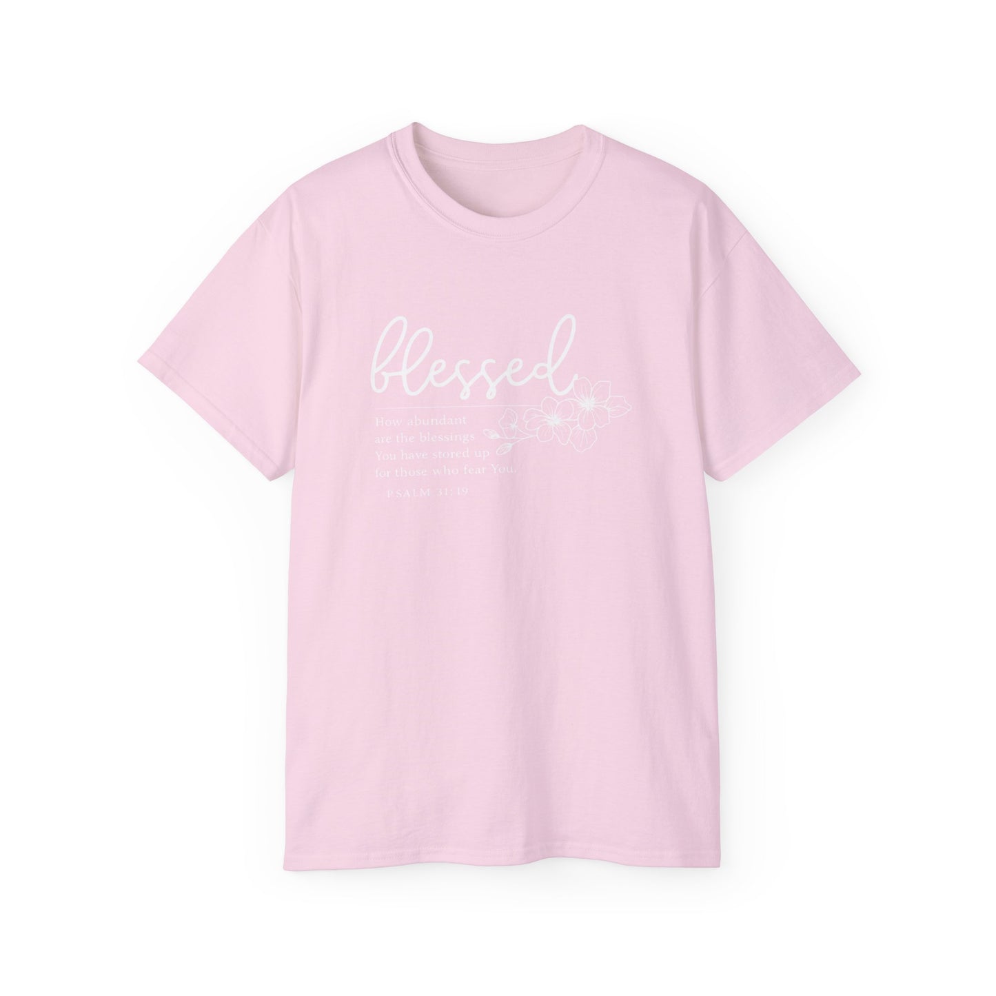 Blessed Floral Tee – "Blessed" Psalm 1:1 Scripture Shirt